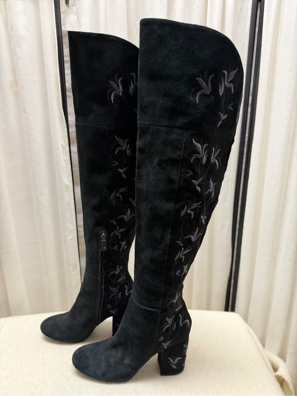 Kenneth Cole New York Black Suede Over-the-Knee Boots with Tonal Embroidery